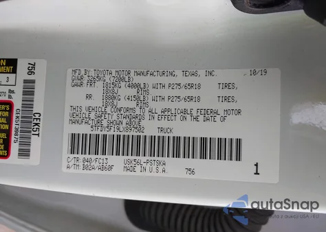 2020 Toyota Tundra Sr5 из США, поврежденный, VIN 5TFDY5F19LX897502